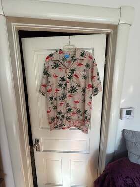 On Shore Men's Flamingo and Palm Tree Print Short Sleeve Button Down Hawaiian Sh